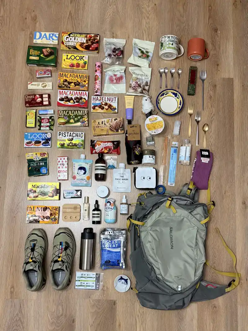 A pack and gear laid out before a trek.